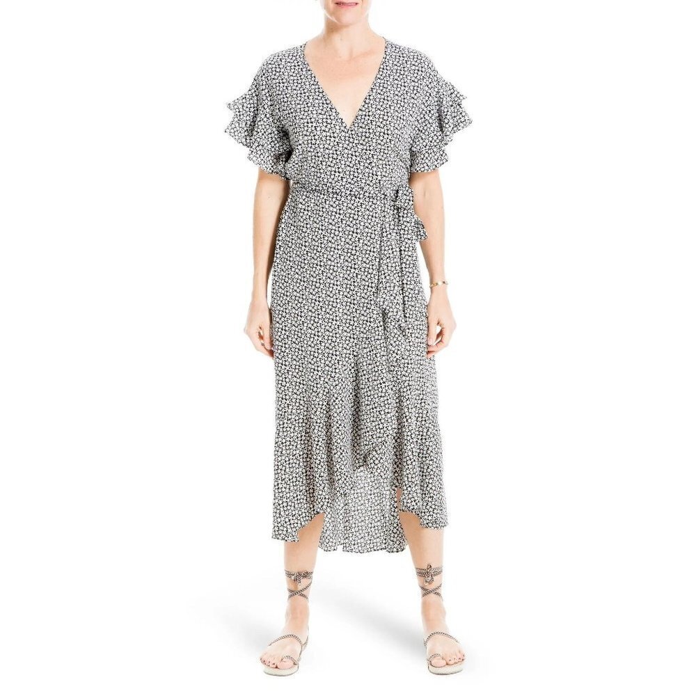 Max Studio Ladies Ss Ruffle Crepe Asymmetrical Wrap Midi Dress Msrp 128 Nwt S